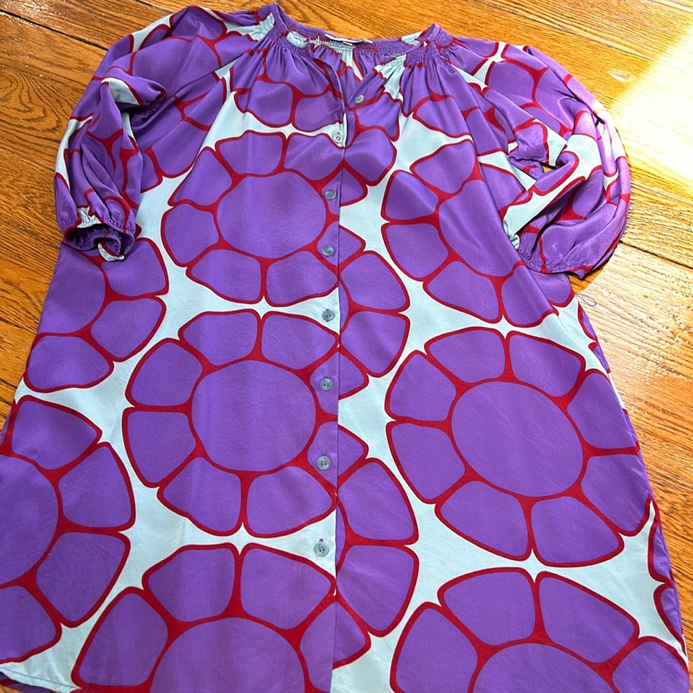 Tucker purple and red floral button front dress.  Smocked neckline. Size Small.